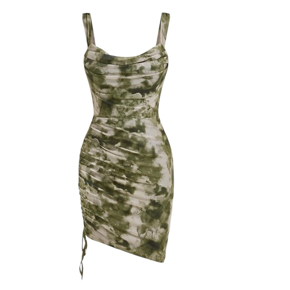 2/$25 ⚡️✨ Mesh Olive Watercolour Mini Dress with Drawstring Side Ruching Size XS